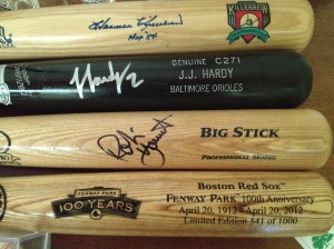 Harmon Killebrew signed Cooperstown bat, J.J. Hardy signed bat, Robin Yount signed bat, and Fenway Park 100 year anniversary numbered bat.